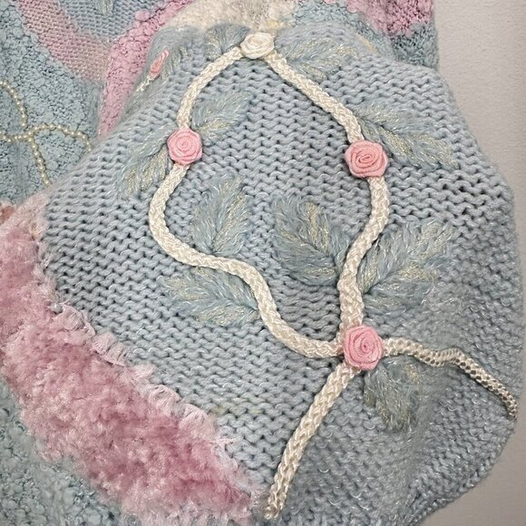 Vintage Pastel Blue Grannycore Coquette Mixed Media Rose Pearl Mockneck Sweater - Picture 2 of 10